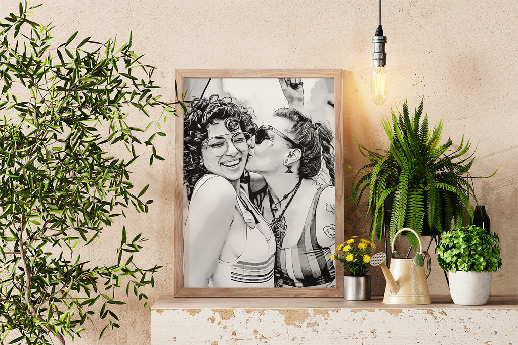 a picture of two women kissing in front of a potted plant