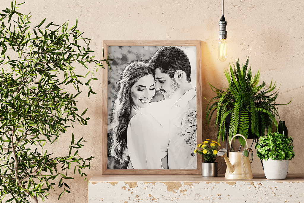 a black and white photo of a couple on a mantle