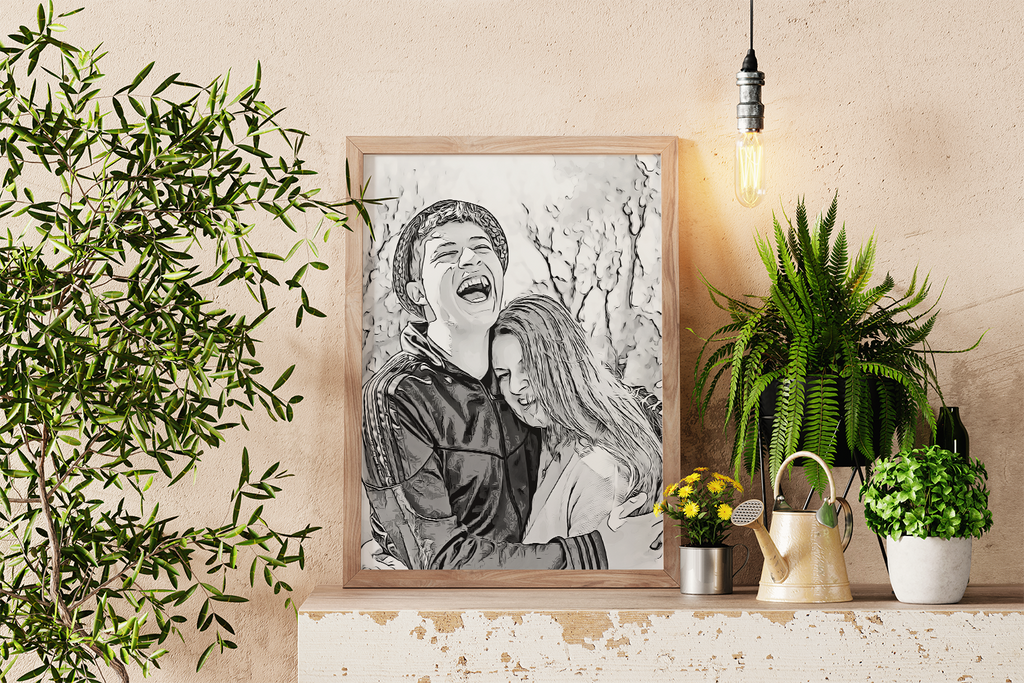 a drawing of a man kissing a woman in front of a potted plant