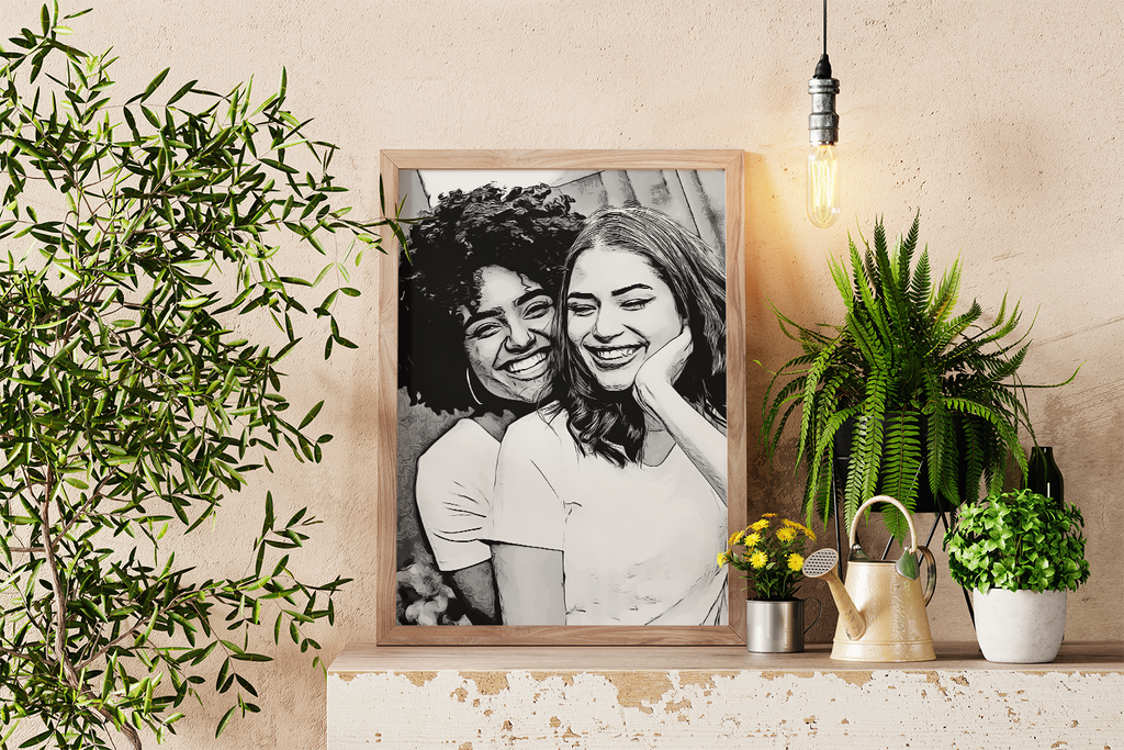 a black and white photo of a couple on a mantle