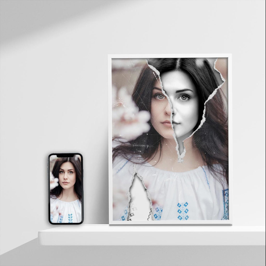 a picture of a woman is on a shelf next to a cell phone