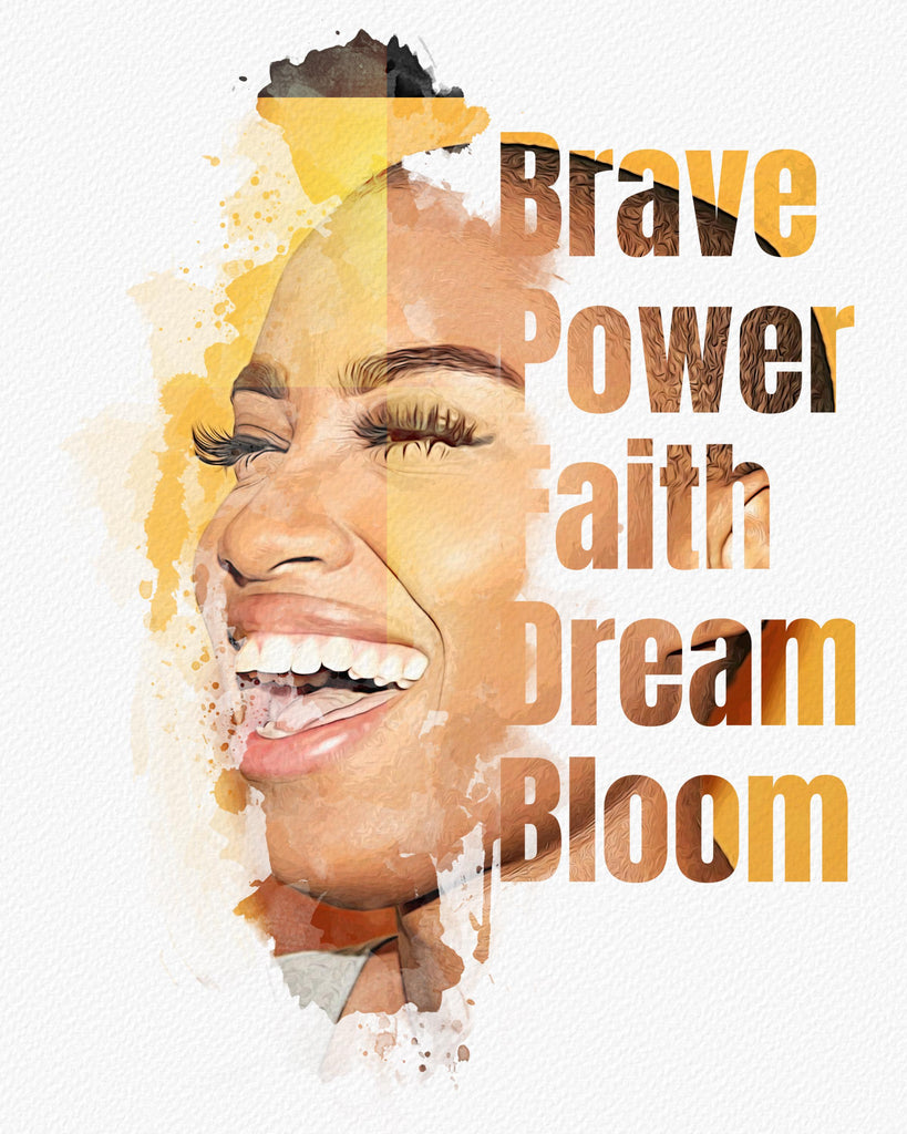 a watercolor painting of a woman&#39;s face with the words brave power,