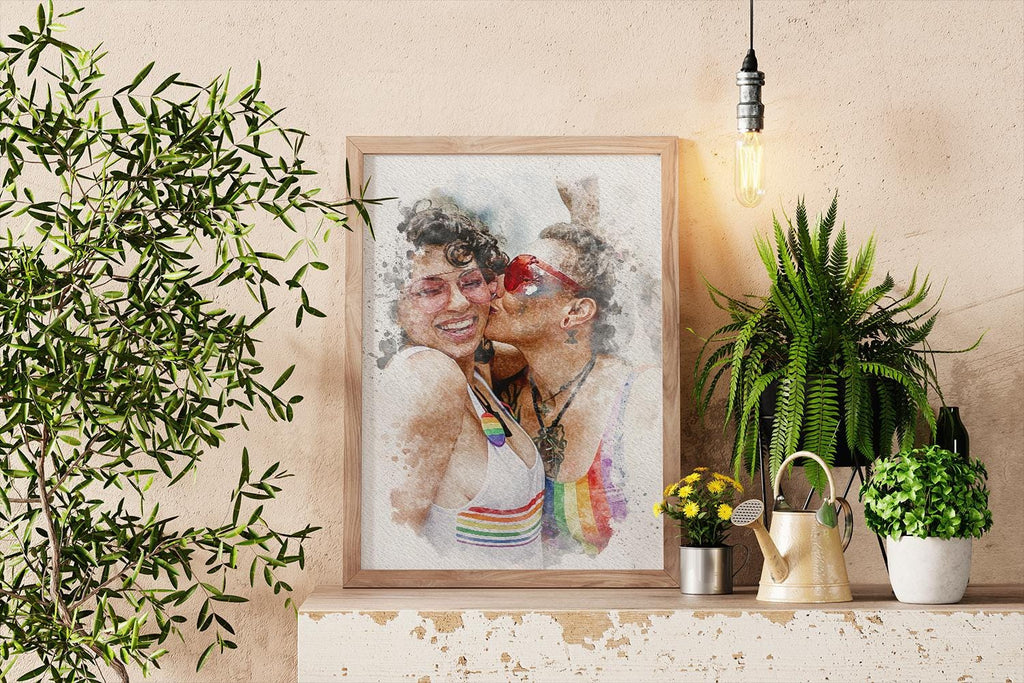 a picture of a man and woman on a wall next to a potted plant