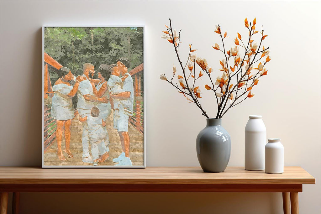 a painting of a group of people on a wall next to a vase with flowers