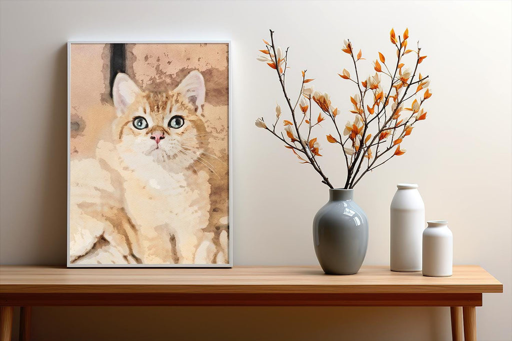 a painting of a cat next to a vase with flowers