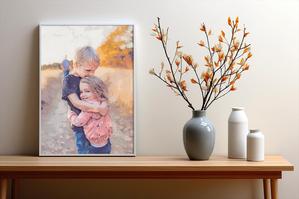 a painting of two children hugging each other