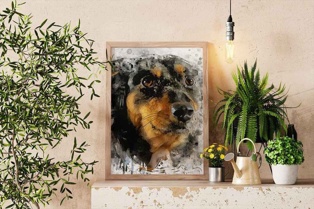 a painting of a dog on a shelf next to a potted plant