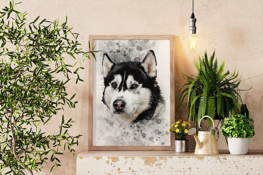 a picture of a husky dog on a wall next to a potted plant