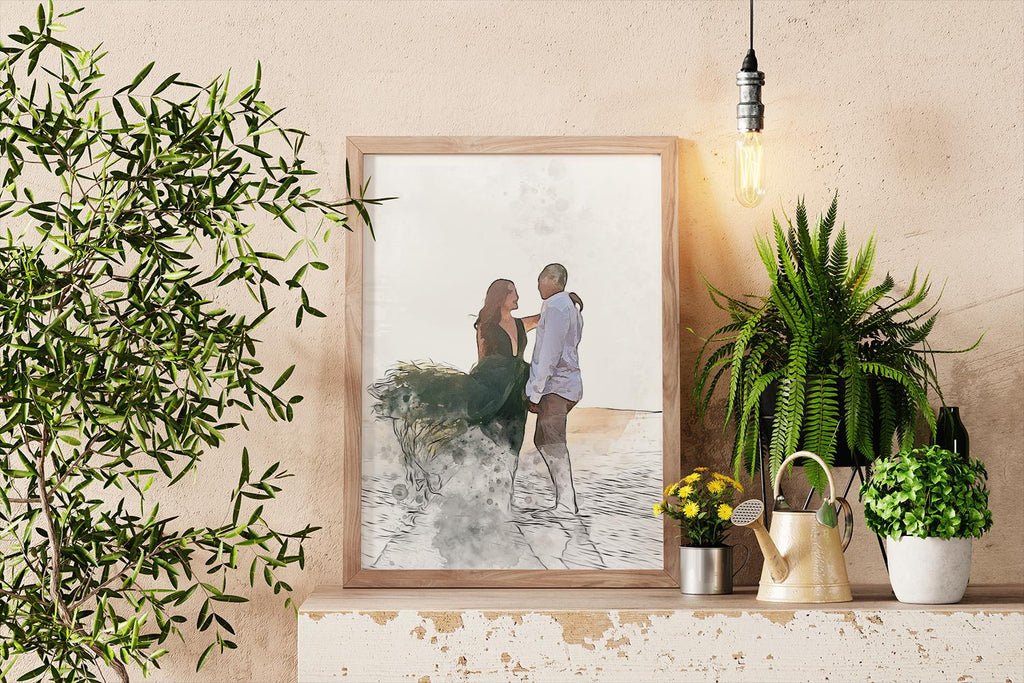 a picture of a man and a woman on a shelf next to a potted