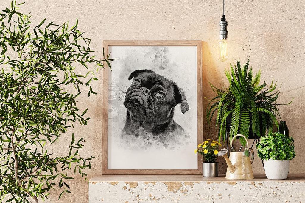 a picture of a pug in a frame on a mantle