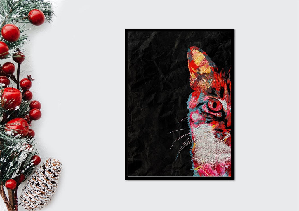 a painting of a cat next to a christmas tree