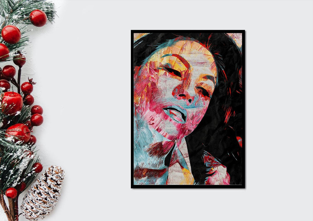 a painting of a woman with her eyes closed next to a christmas tree