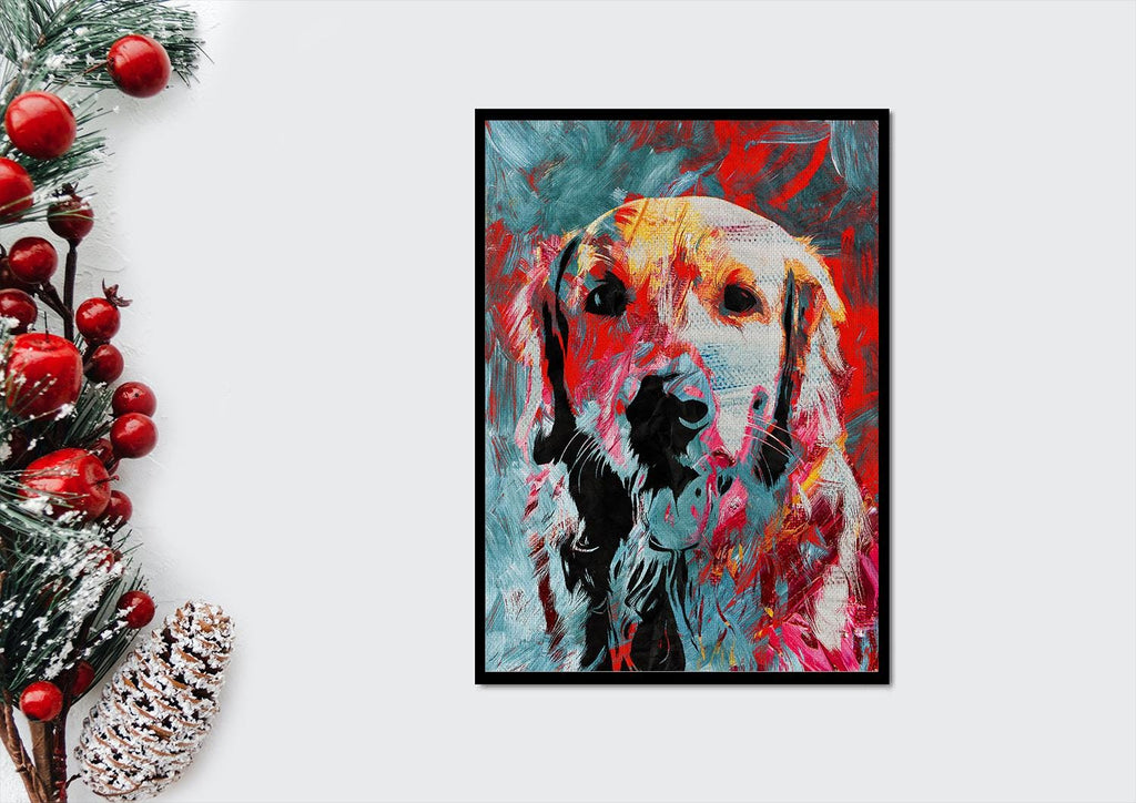 a painting of a dog on a wall next to a christmas tree