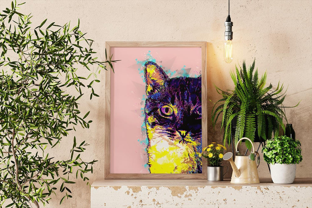 a painting of a cat on a shelf next to a potted plant