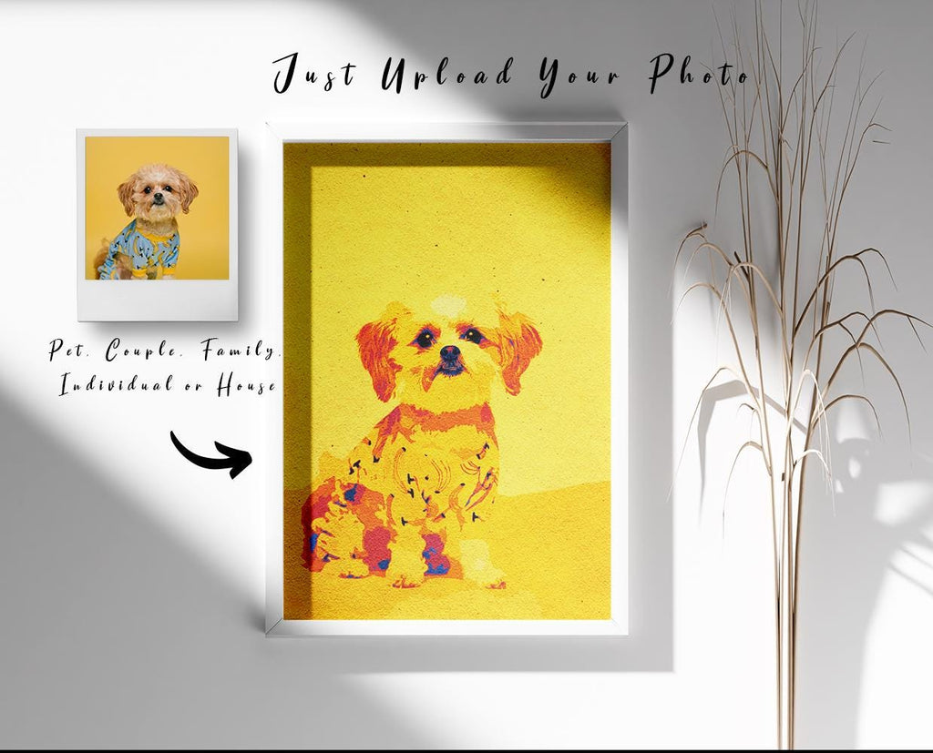 a picture of a dog with a yellow background