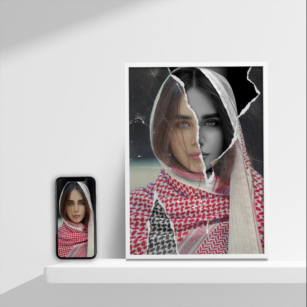 a picture of a woman with a scarf and a cell phone