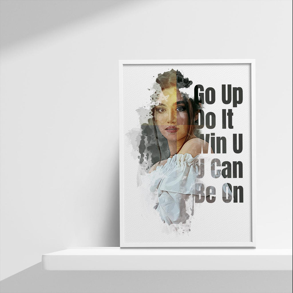 a white shelf with a picture of a woman on it