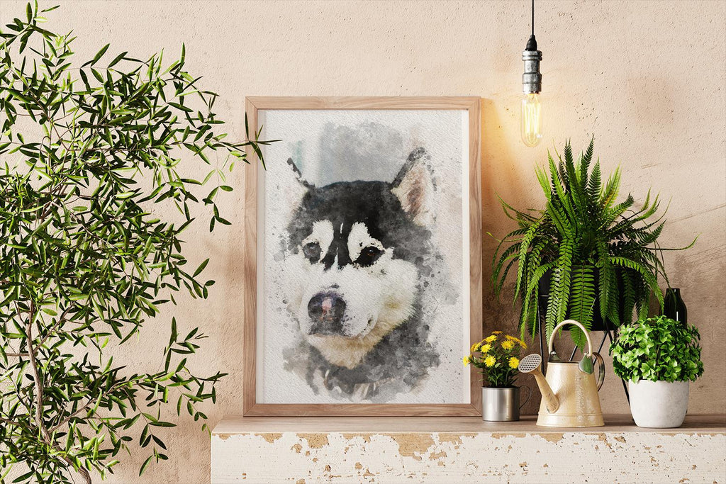 a picture of a dog on a wall next to a potted plant