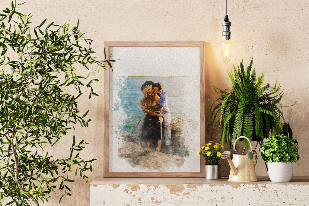 a picture of a man and a woman on a shelf next to a potted