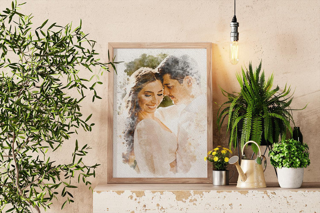 a picture of a couple on a shelf next to a potted plant