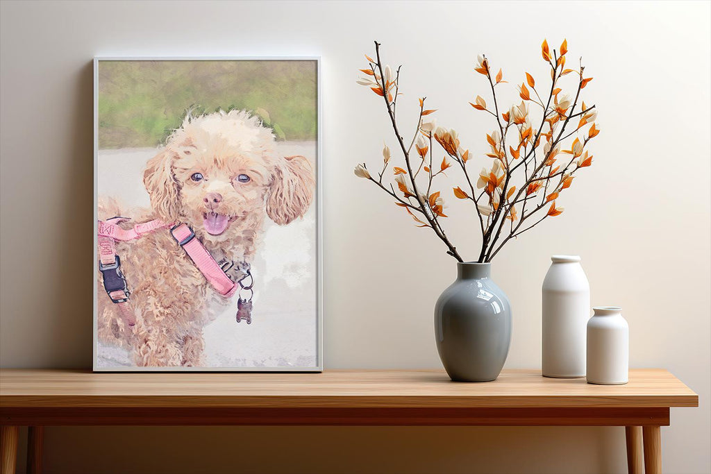 a picture of a dog with a leash on a table