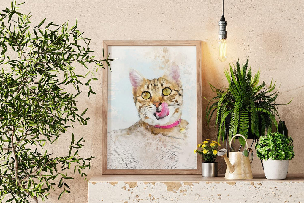 a picture of a cat with a tongue hanging on a wall