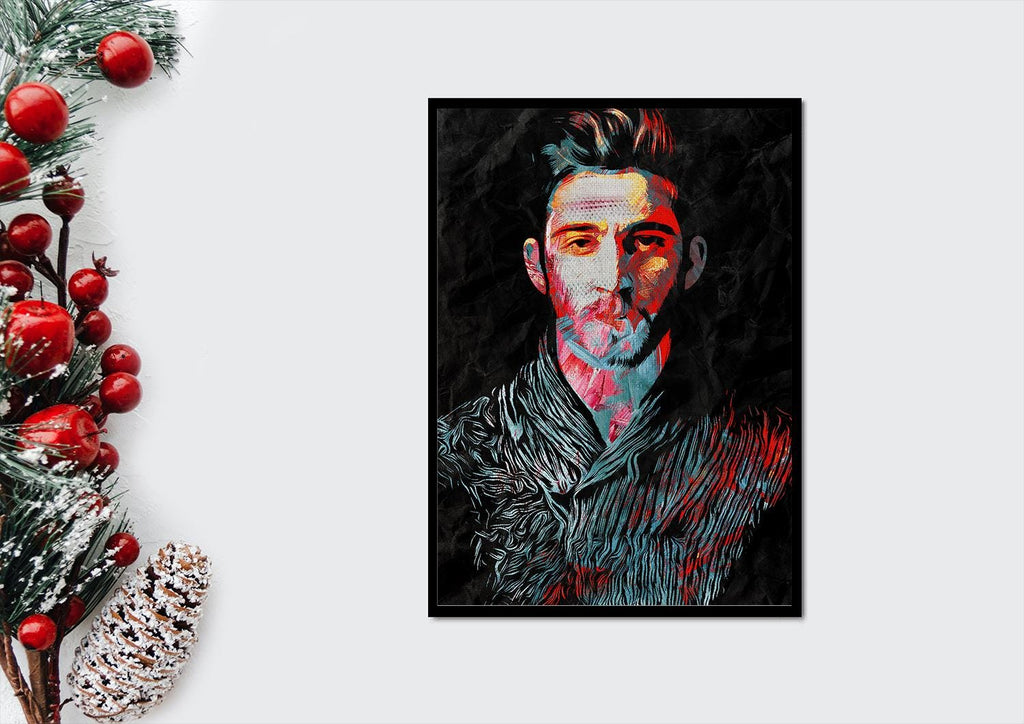 a painting of a man with a beard next to a christmas tree