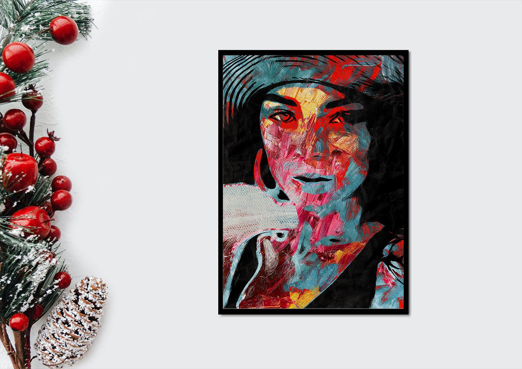 a painting of a woman in a hat next to a christmas tree