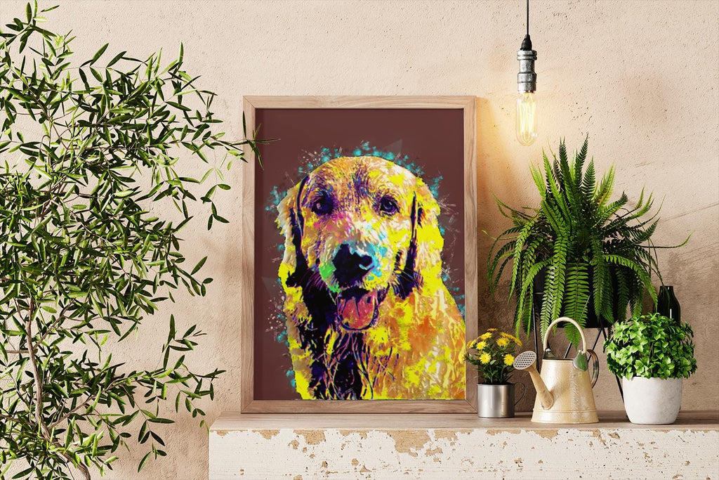 a painting of a dog on a wall next to a potted plant