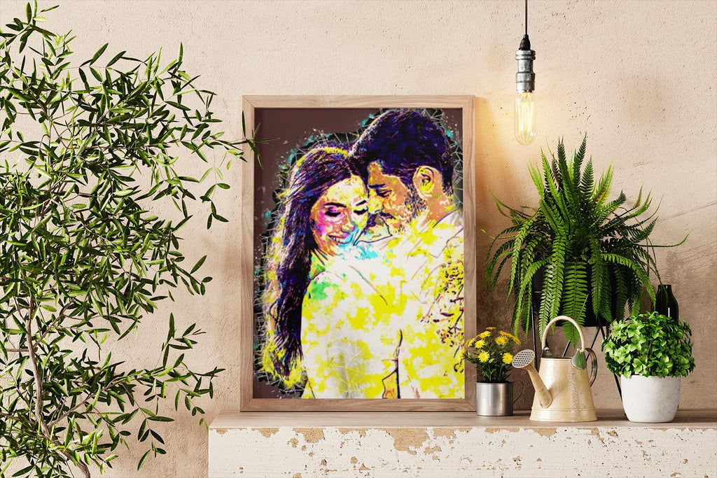 a painting of a couple on a shelf next to a potted plant